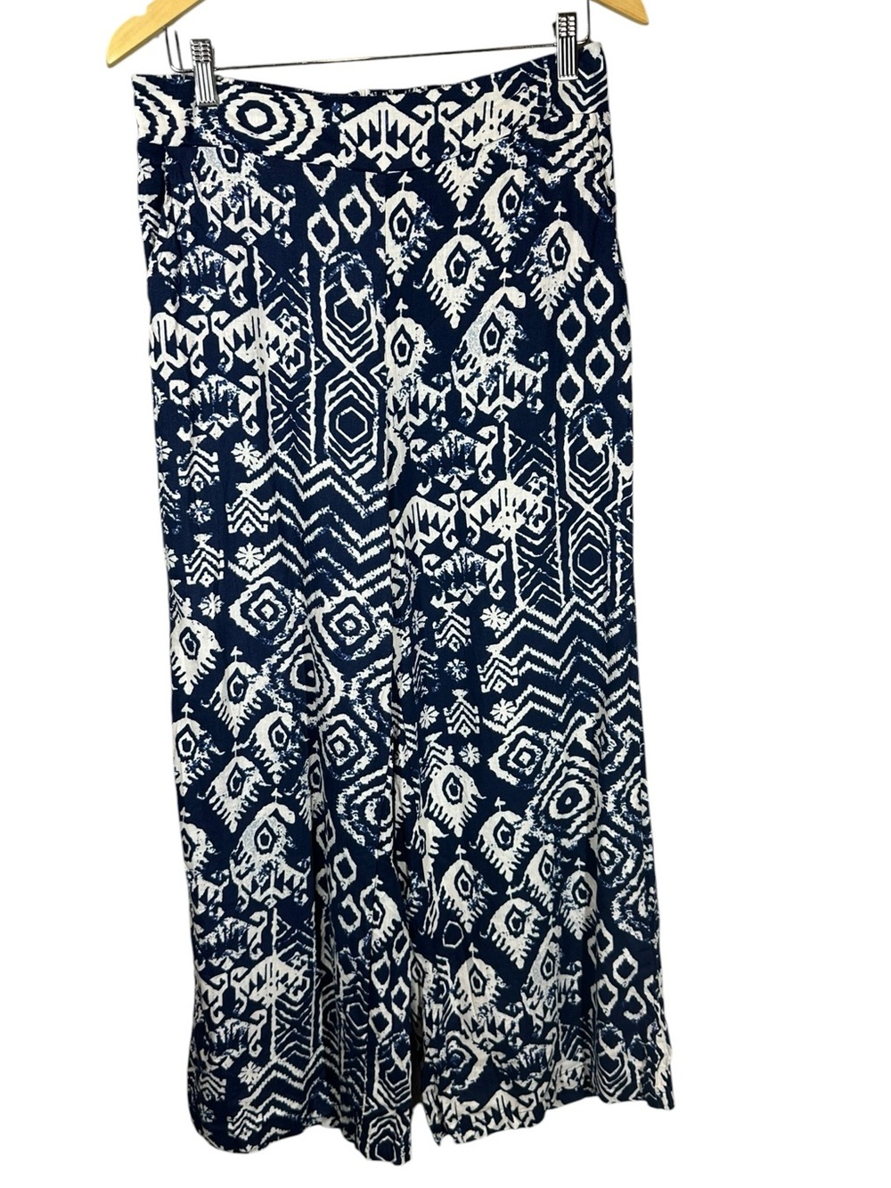 HAUTE HIPPIE  Women's Large Blue & White Patterned Wide Leg Flowy Linen Pants